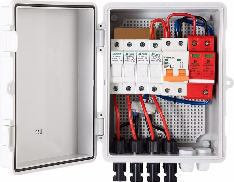 Scatola di combinazione fotovoltaica, 4 stringhe, scatola di combinazione solare con fusibile da 15 A, interruttore automatico da 63 A, scaricatore di sovratensioni e connettore solare, per sistema di pannelli solari on/off grid, impermeabile IP65