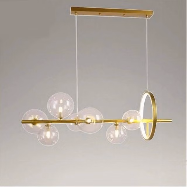Lampadario a sospensione moderno Trade Shop Traesio in oro e vetro trasparente con 7 sfere bolle e cerchio, attacco G9