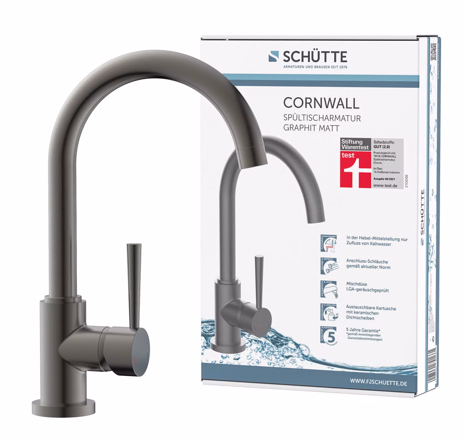 SCHÜTTE CORNWALL, miscelatore per lavello con funzione di risparmio energetico, bocca girevole a 360°, grafite opaco
