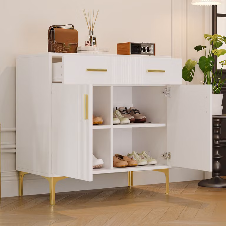 MODFU Mobile da cucina con 2 cassetti, cassettiera a 2 ante, mobile aggiuntivo con maniglie e piedini in metallo, bianco