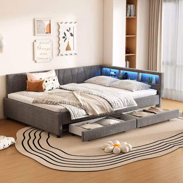 Struttura letto 140 × 200 cm in lino e MDF grigio con LED USB tipo C due cassetti e vani integrati