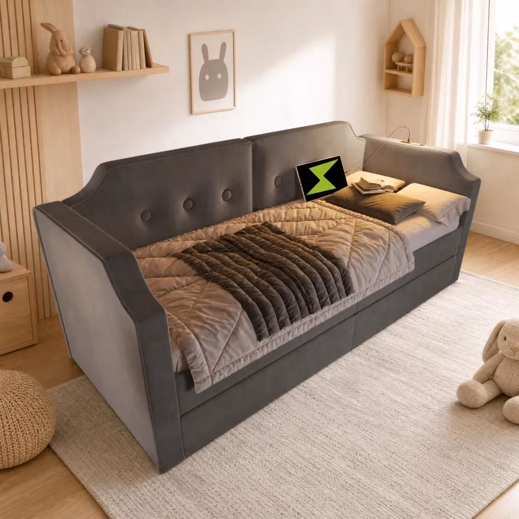 Letto REDOM in velluto grigio con 2 cassetti, porta USB e lampada da lettura, L/P/H: 90 x 200 x 150 cm – 2