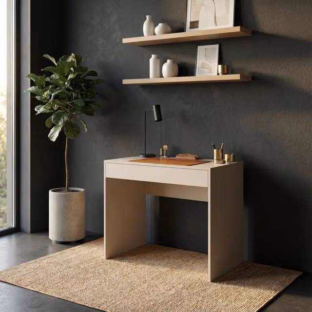 Scrivania moderna Komodee in finitura rovere e bianco opaco per home office