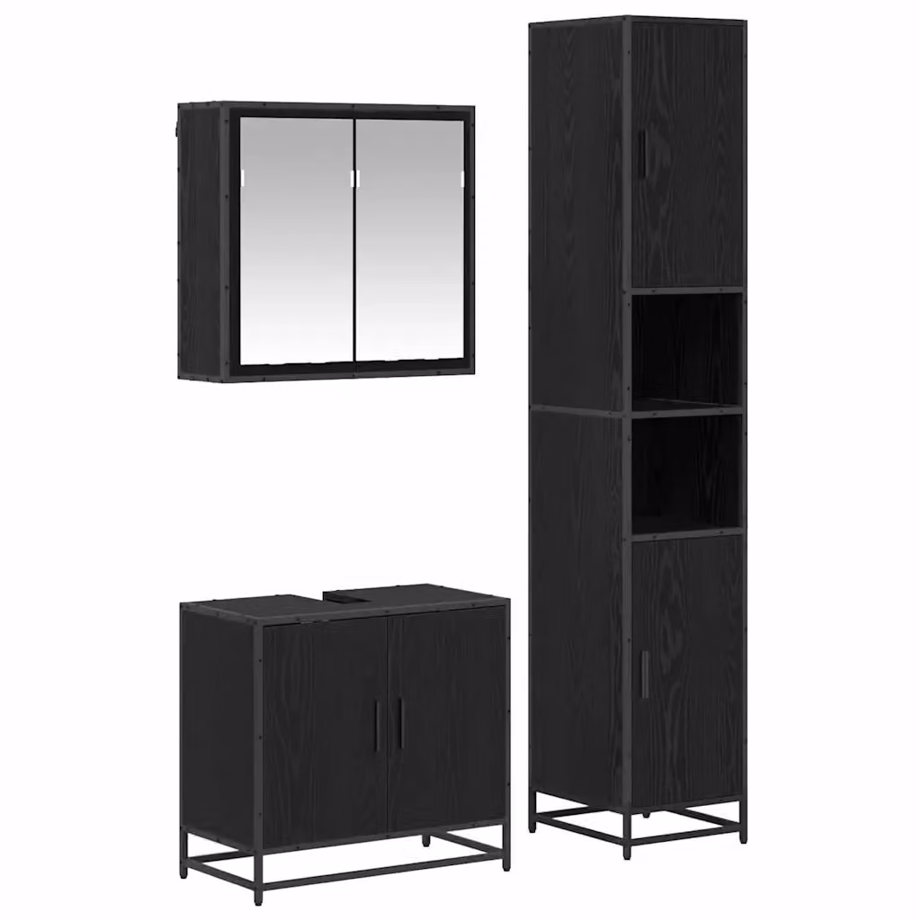 Set di mobili per il bagno moderno vidaXL in 3 pezzi, colore nero e rovere, con armadietto a specchio, mobile lavabo e colonna alta, L/P/H: 65 x 33 x 188,5 cm – 2