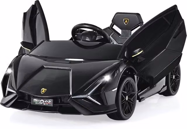 Macchina Elettrica Lamborghini Costway da 12V per Bambini, Veicolo Elettrico Cavalcabile Nero con Luci LED, MP3 e Telecomando