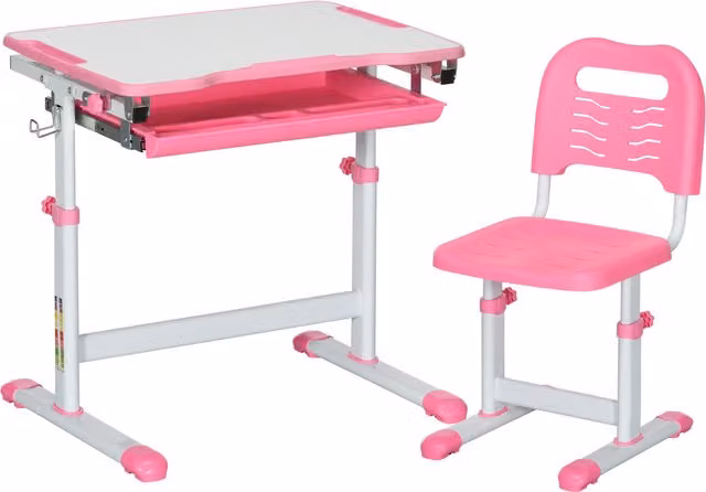 Set Tavolo e Sedie per Bambini HOMCOM con Scrivania Regolabile e Piano Inclinabile, Rosa, L/P/H: 66 x 47 x 52-77 cm – 1