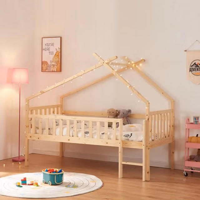 Letto a casetta Sotkamo en.casa in legno di pino naturale per cameretta dei bambini L/P/H: 200 x 90 x 170 cm