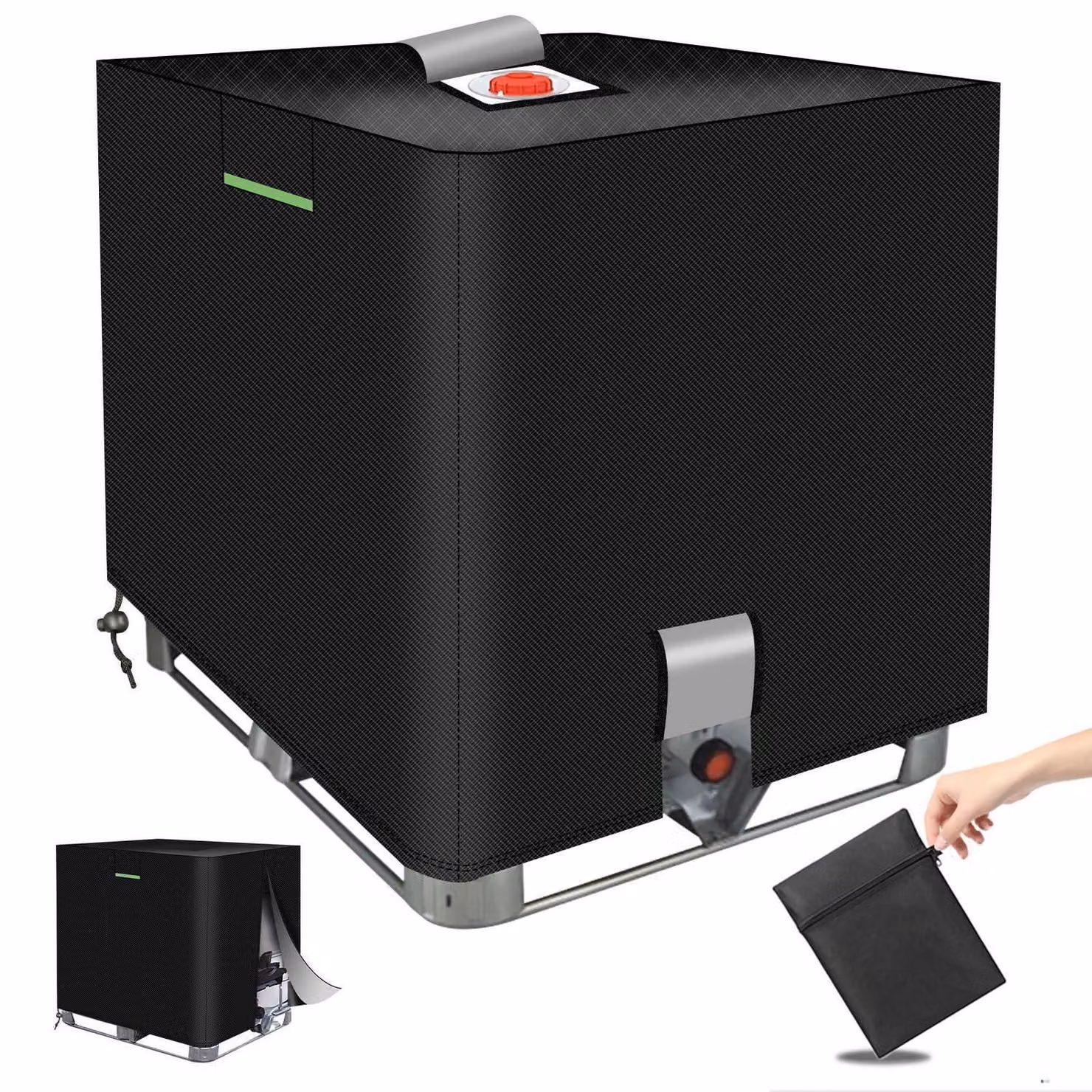 Copertura per serbatoio IBC da 1000 litri, realizzata in tessuto 420D con protezione UV, dotata di apertura e strisce riflettenti, dimensioni 100x120x116 cm