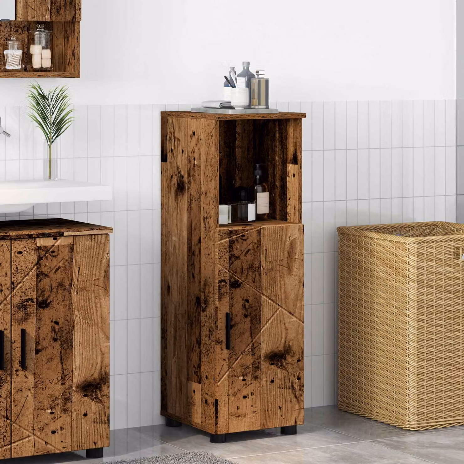 Mobile da bagno vidaXL in legno effetto vecchio marrone con ante e ripiani, L: 30 cm, P: 35 cm, H: 95 cm