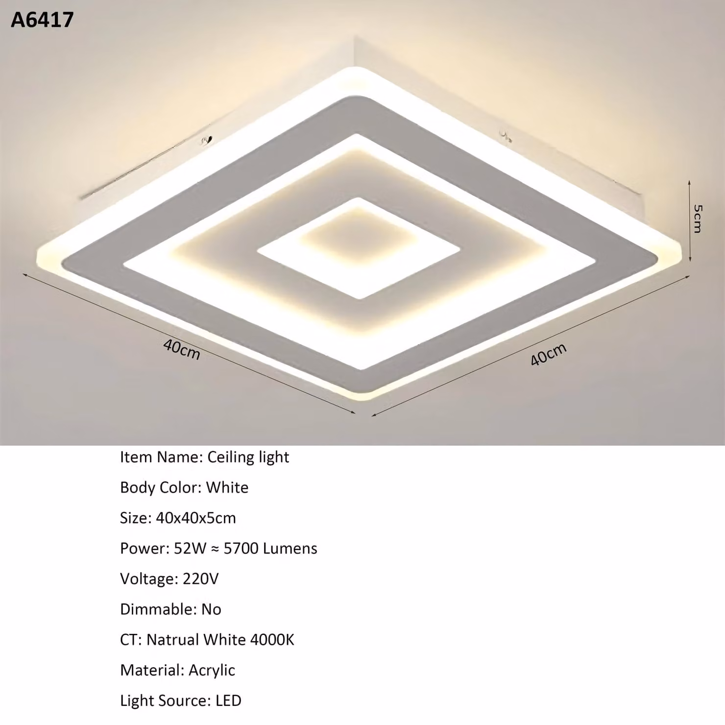 Lampada da soffitto a LED - Modello A6417 - Plafoniera - Quadrata - Nera - Design moderno - Montaggio a parete - Materiali: ferro e acrilico - Non dimmerabile