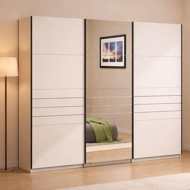 Armadio con ante scorrevoli DMORA per camera da letto, modello moderno con specchio e ripiani interni, Bianco e Beige, L: 267 cm, H: 217 cm
