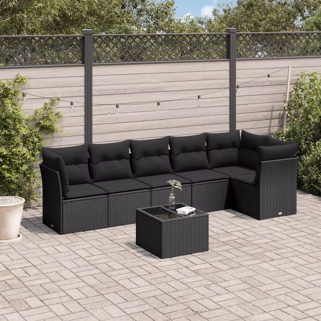 vidaXL Set Divani da Giardino a L con Cuscini 7pz Nero Polyrattan e Tavolino in Vetro – 1