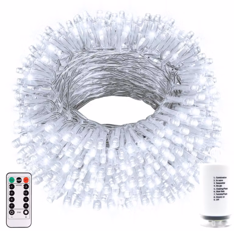 Catena luminosa da 20 metri, con 200 LED, alimentata a batteria, con timer, telecomando e grado di protezione IP65