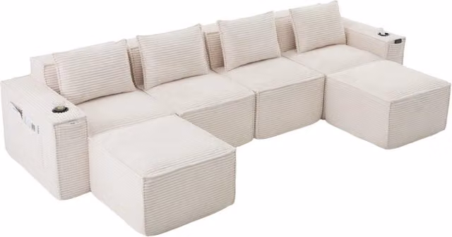 Divano modulare 4 posti in tessuto a costine con 2 pouf, portabicchieri e tasche laterali, imbottitura con molle e schiuma ad alta densità, 330x162x75 cm