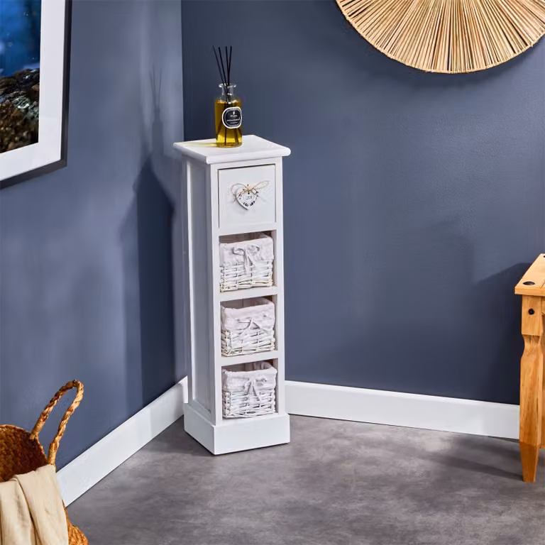 Comodino FLOWER, scaffale con cassetti, scaffale da terra bianco con 1 cassetto e 3 cestini