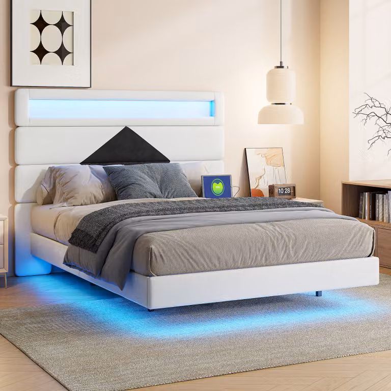 Letto imbottito Fortuna Lai 140x190 cm, letto galleggiante con LED, USB, testata regolabile, velluto, letto matrimoniale beige/nero, B