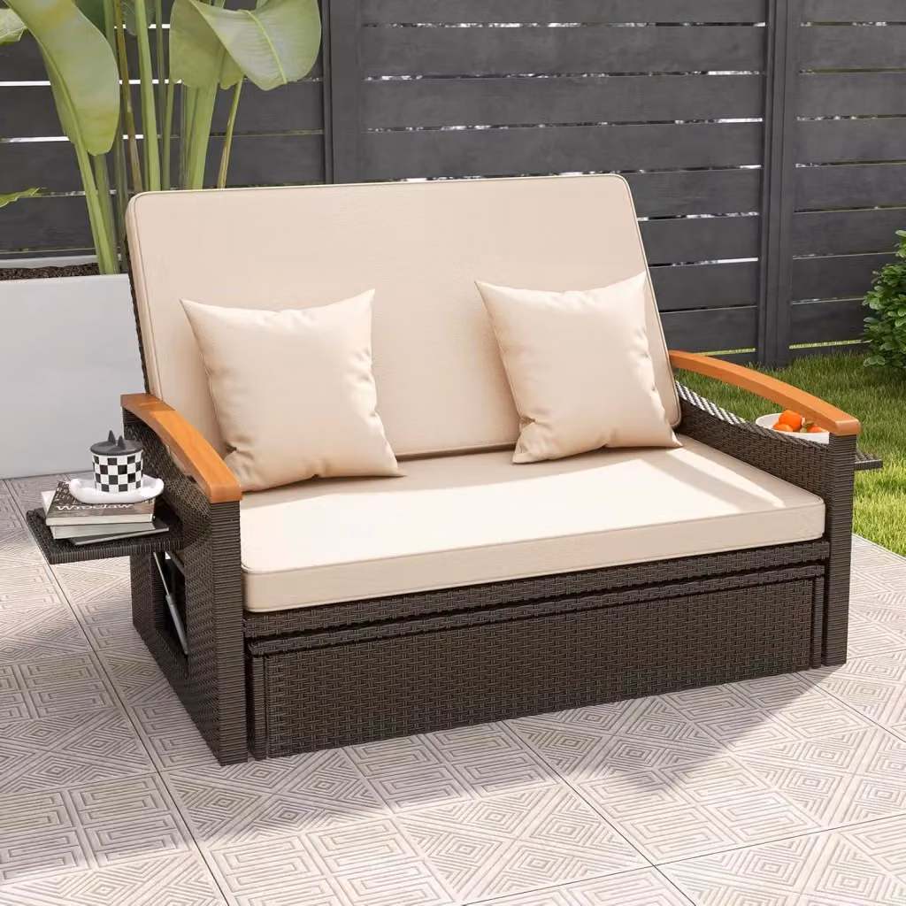 Costway Divano Letto Click-Clack in Rattan con Struttura in Metallo e Legno di Acacia, Disponibile in Marrone, Beige, Blu o Rosso – 2