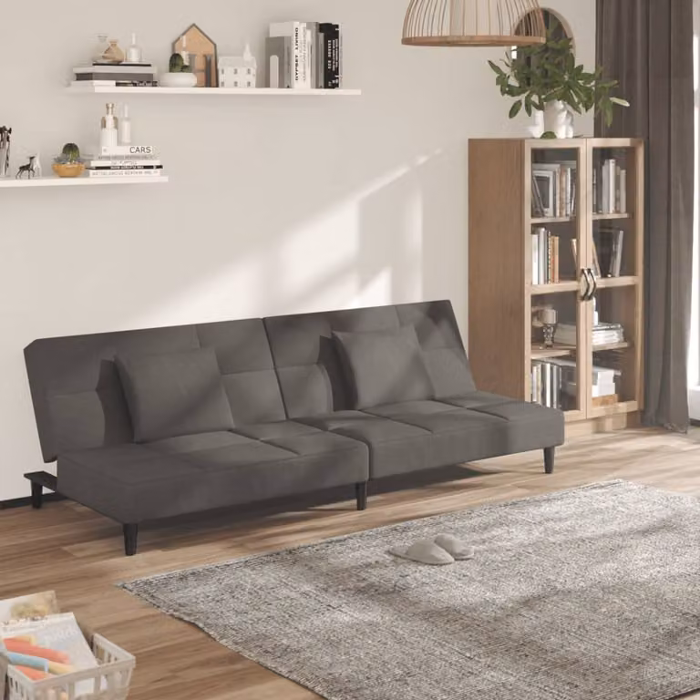 vidaXL Divano Letto Click-Clack a 2 Posti in Velluto Grigio con Cuscini e Struttura in Legno Solido