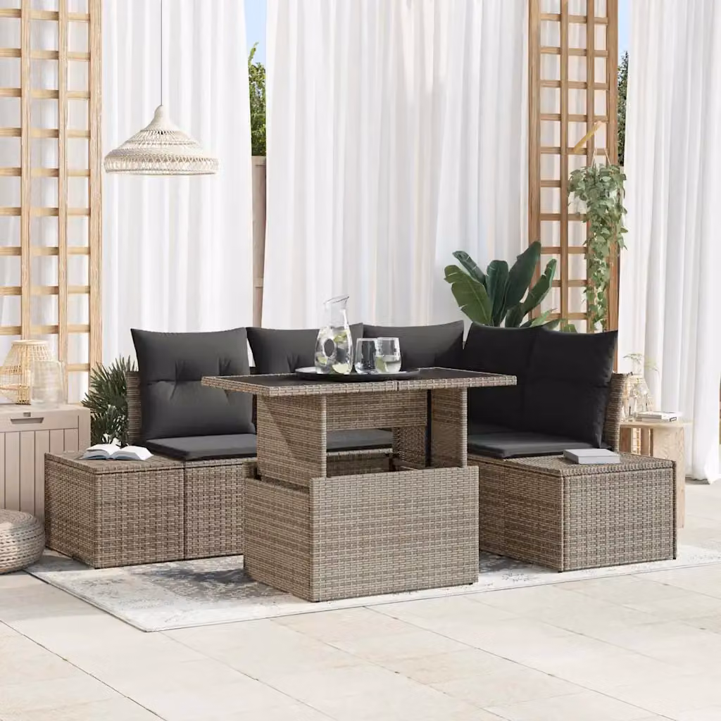 Set Divano da Giardino vidaXL a L con Tavolino in Vetro e Cuscini, 5 Pezzi, Grigio – 1
