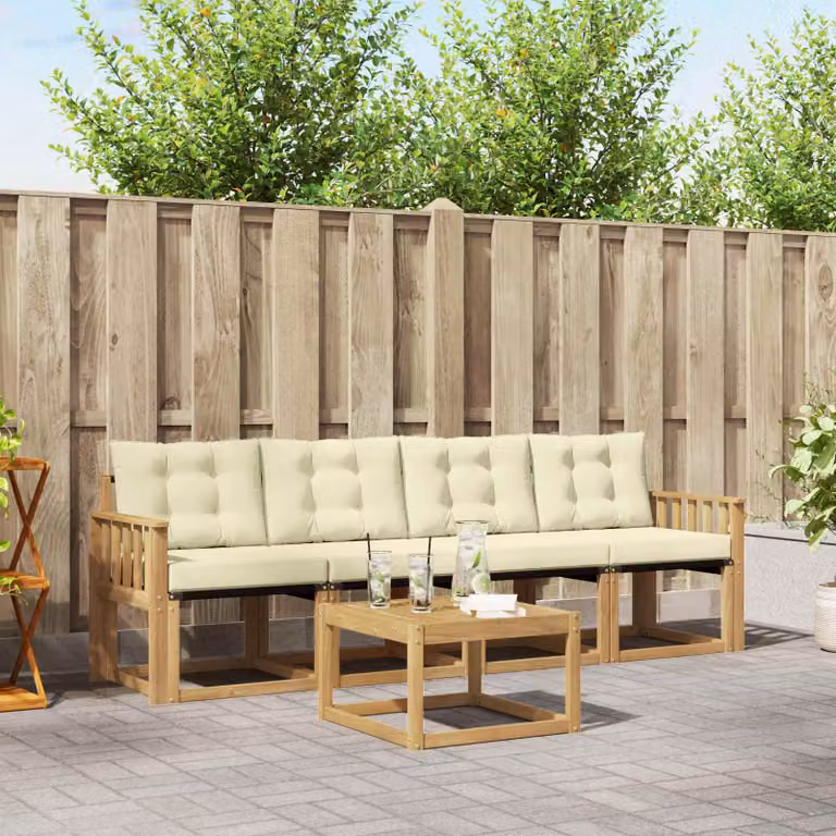 Set di divani da esterno vidaXL 5 pezzi in legno di acacia con tavolino e cuscini, Bianco e Beige