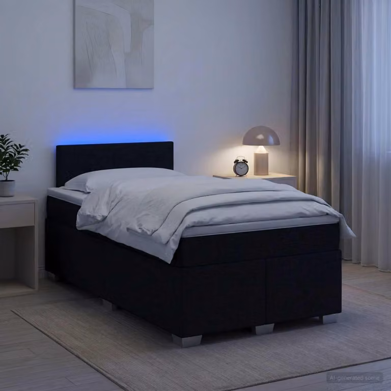 Letto a molle con materasso e illuminazione LED, colore nero, dimensioni 120 x 190 cm, rivestito in tessuto