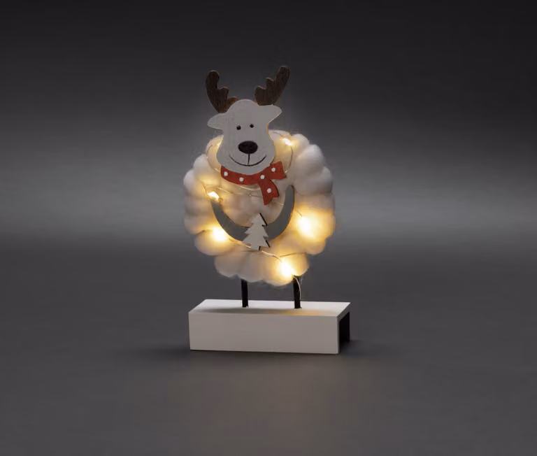 Konstsmide sagoma in legno a LED "Alce con cotone", bianco, timer 6H, 6 diodi bianco caldo, a batteria, per interni, batteria: 2 x AA 1,5V (escl.) - 3266-210