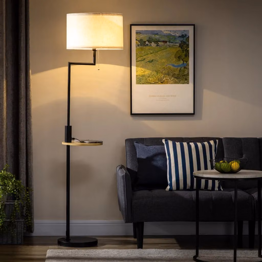 Lampada da terra moderna con ripiano e porta USB in acciaio color beige, H: 168 cm, Ø: 40 cm – 2