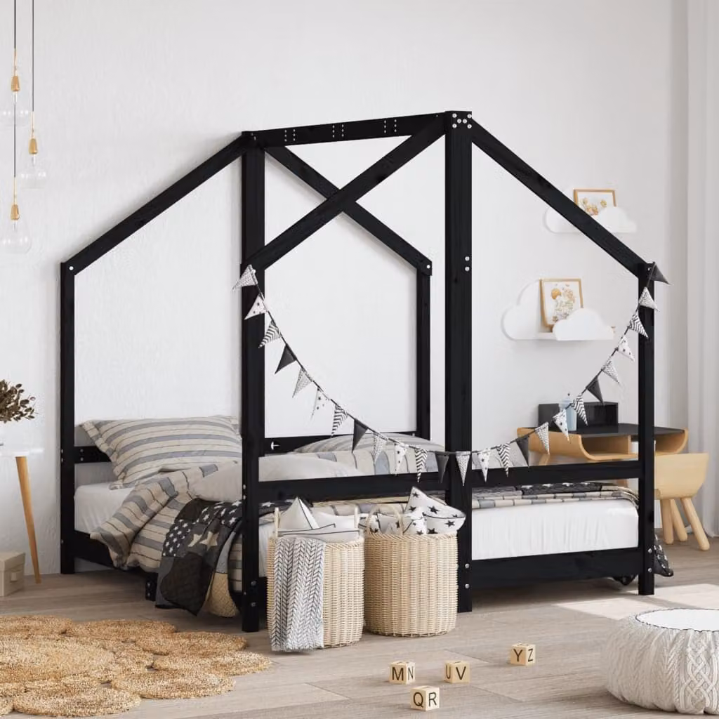 vidaXL Giroletto per Bambini in Legno Massello di Pino Nero 2x 70 x 140 cm
