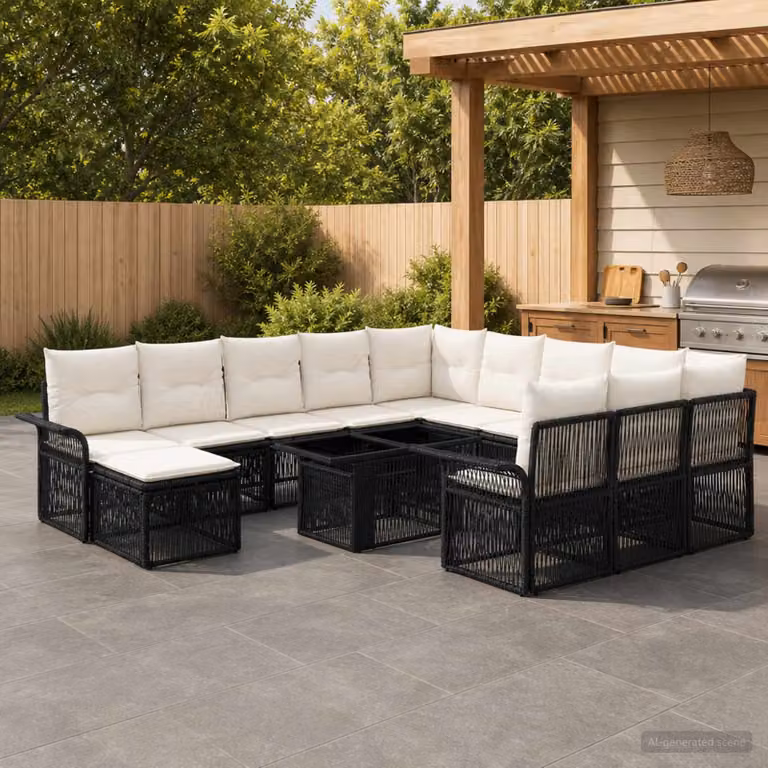 Set Divano da Giardino vidaXL 13 pz in Polyrattan Nero e Bianco Crema con Tavolino, Elementi Angolari e Ottoman in Forma a U