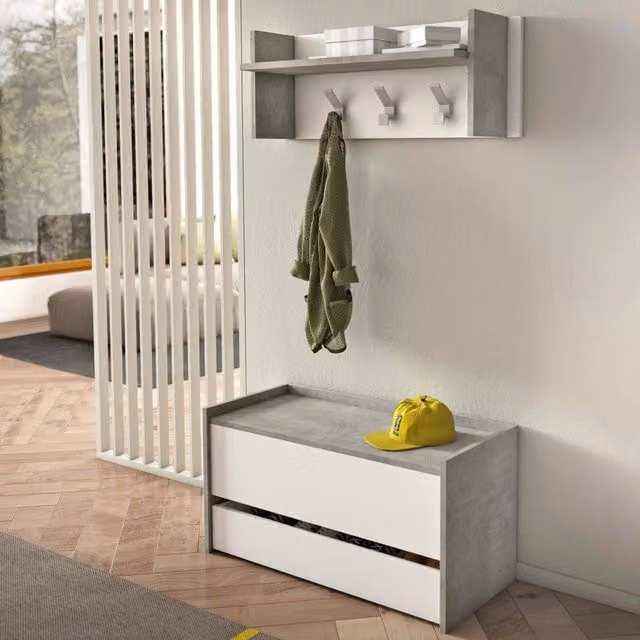 Mobile da ingresso moderno DMORA Actinolite con scarpiera e appendiabiti, Grigio e Bianco, L: 50 cm, P: 32 cm, H: 182 cm – 1