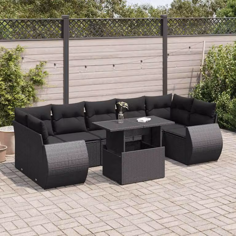 Set di divani da giardino vidaXL in polyrattan nero con 8 cuscini per esterno e terrazza