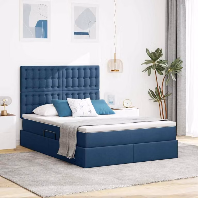 Letto con contenitore e materasso vidaXL in tessuto blu, L/P/H: 200 x 140 x 45 cm