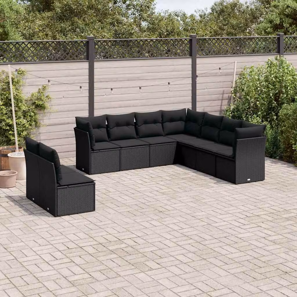 Set di divani da giardino vidaXL a forma di L composto da 9 pezzi con cuscini, colore nero, in polyrattan e struttura in metallo – 1