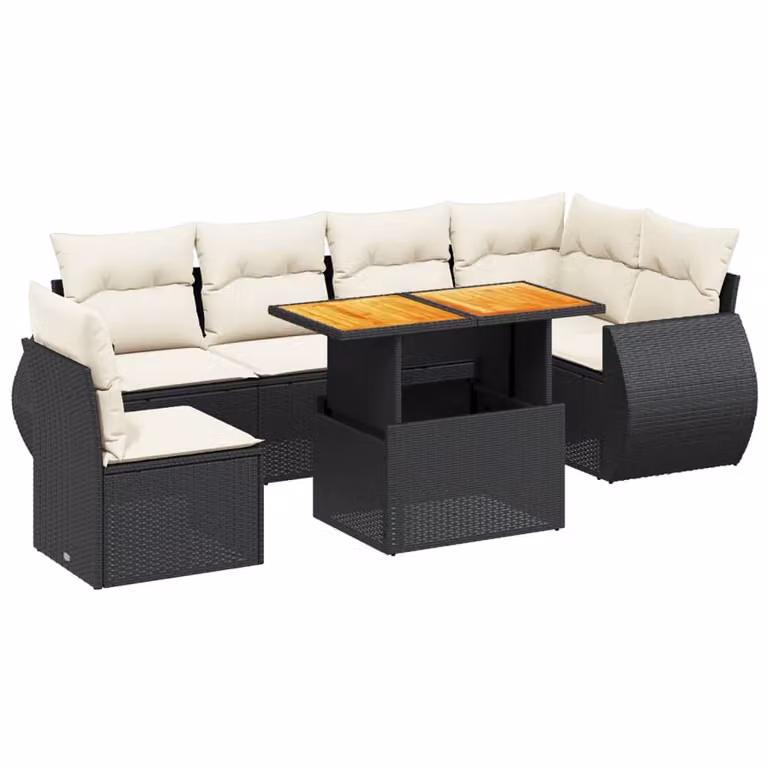 Set Divani da Giardino con Cuscini 7pz Nero Polyrattan