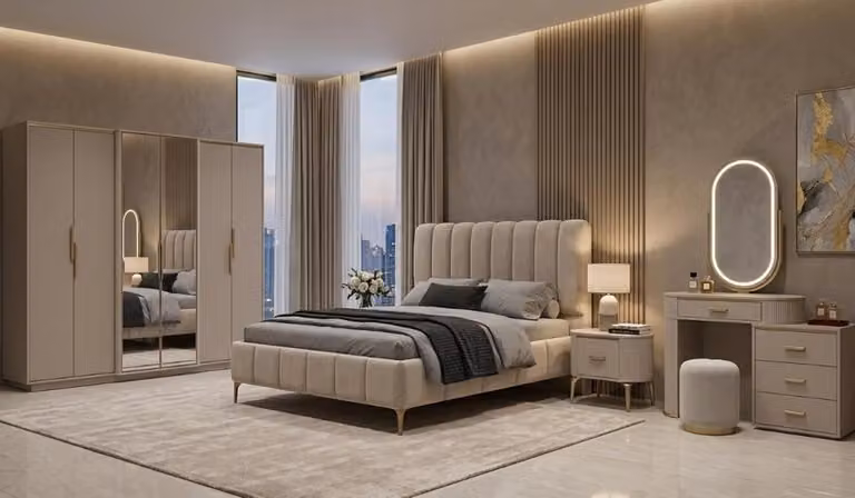 Letto con 2 comodini. Arredamento Set completo che include anche un armadio dal design elegante