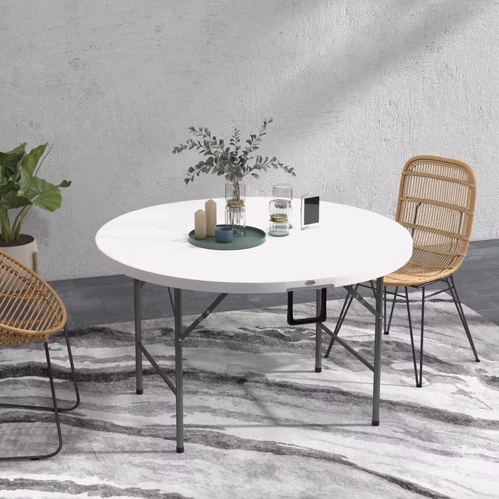 Tavolo rotondo pieghevole GIORDANOSHOP per giardino e balcone in acciaio e plastica, Grigio e Bianco, L: 122 cm, H: 73 cm – 2