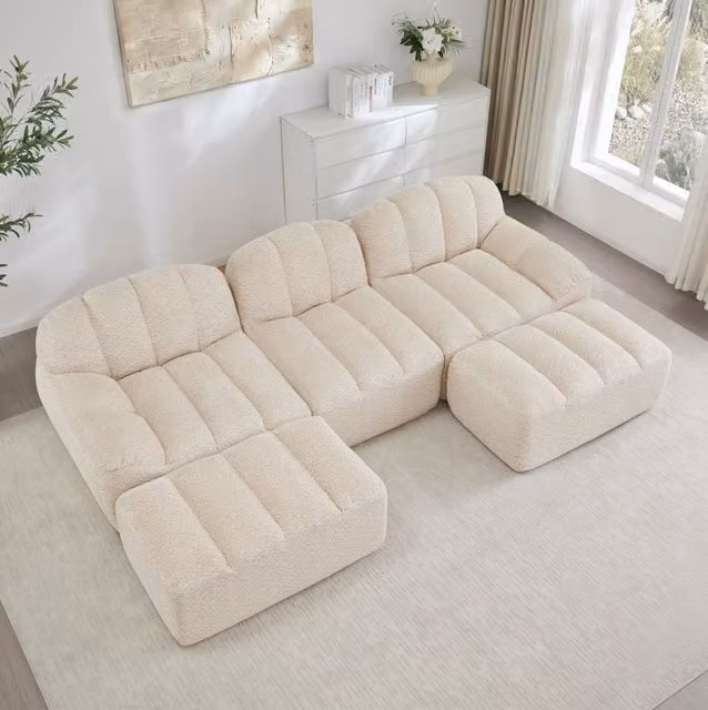 Divano modulare angolare 288x165x79 cm in fleece granulare beige bianco; configurazione U o L