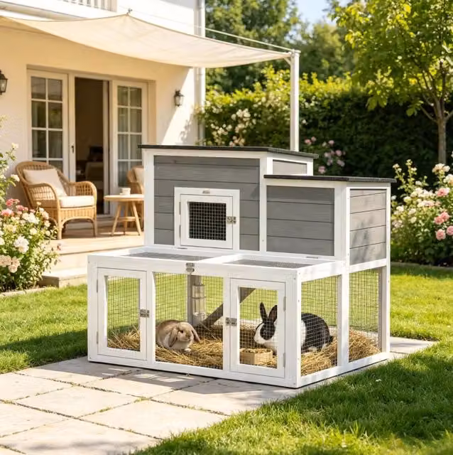 Conigliera a 2 livelli ULEVR 97x75,5x90 cm con recinto, rampa e tetto in asfalto, grigio