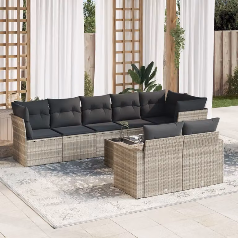 vidaXL Set Divano da Giardino a L con Tavolino in Vetro e 9 Pezzi, Grigio