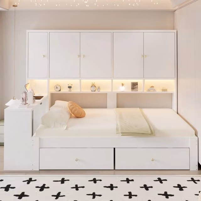 Letto singolo 90 × 200 cm con scrivania, armadi, ripiani, 2 cassetti, LED e presa, senza materasso, bianco