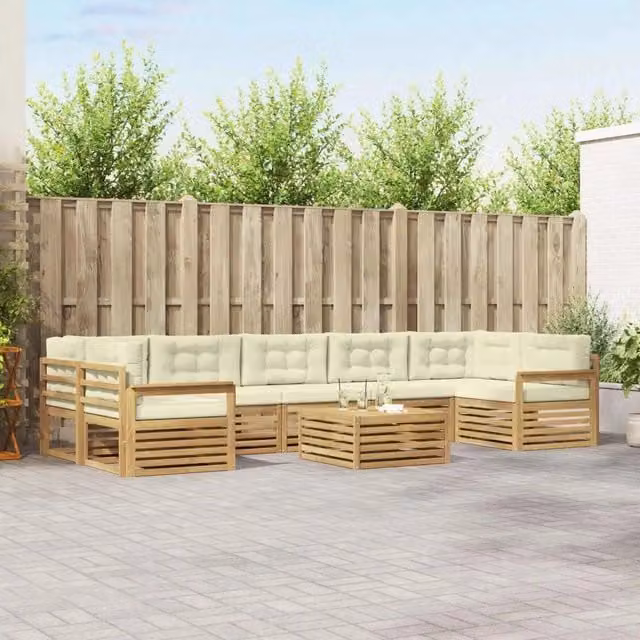 Set di mobili da giardino vidaXL composto da 8 pezzi in legno di acacia con tavolino da caffè e cuscini, colori bianco e beige