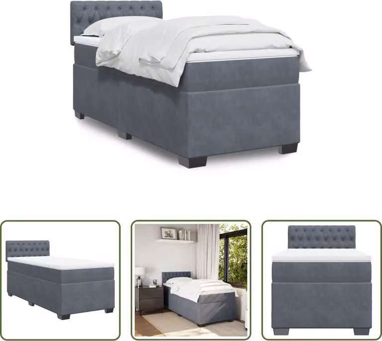 The Living Store Letto a molle con materasso grigio scuro 90x190 cm in velluto