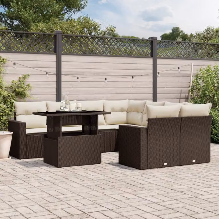 Set di divani da giardino vidaXL 9 pezzi con cuscini in rattan e metallo colore marrone e bianco per esterno e terrazza