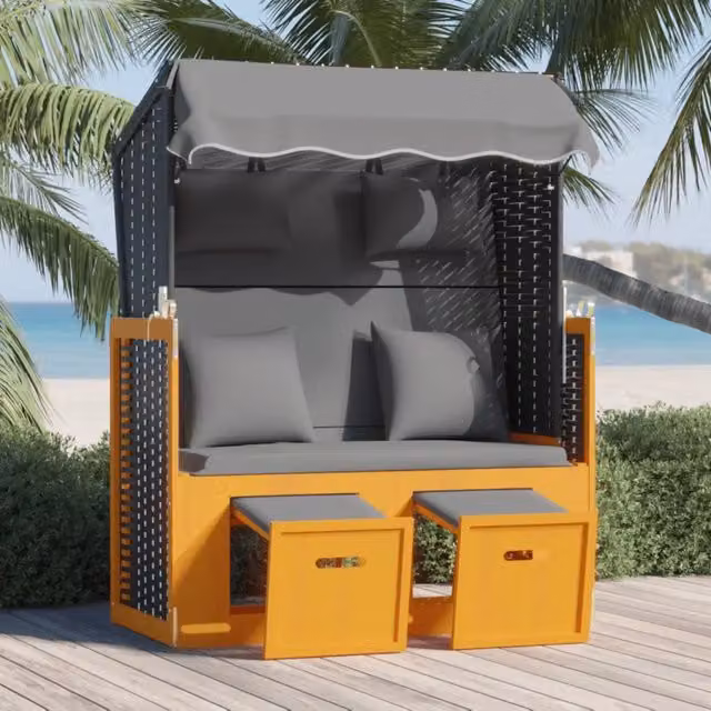 Poltrona a sdraio con tendalino e cuscini vidaXL in polyrattan e legno massello, colore nero antracite e bianco – 1