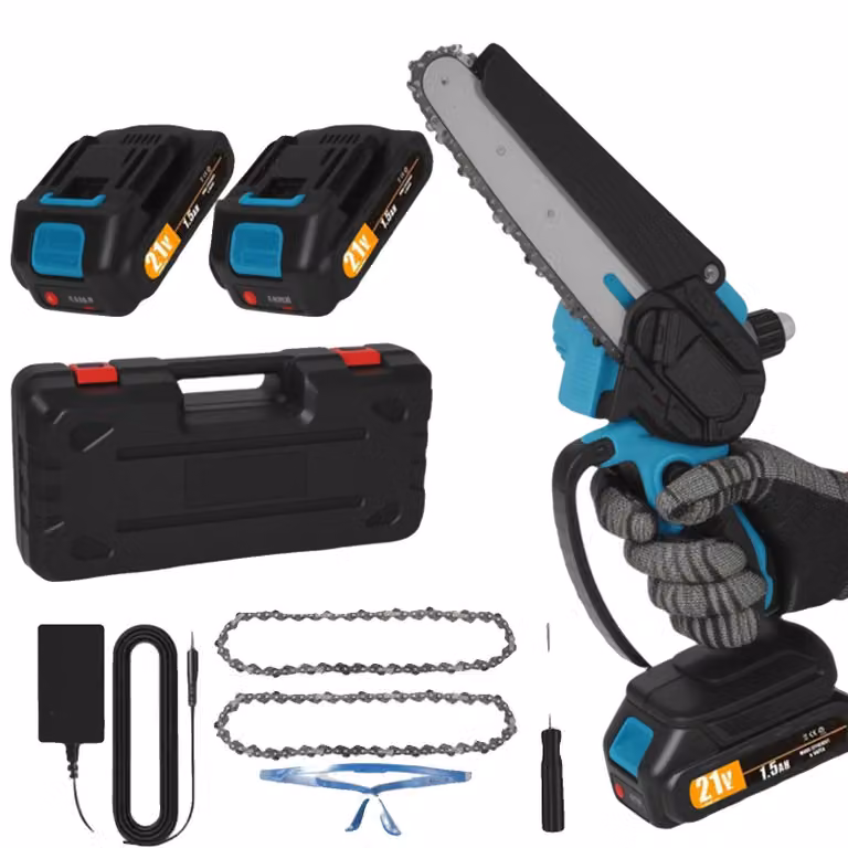 Mini motosega, design compatto, lubrificazione automatica, 2 batterie 1 spina