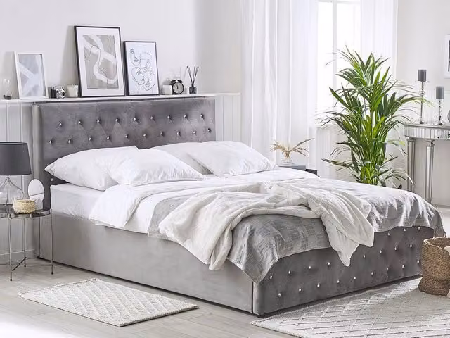 Letto Matrimoniale Beliani in Velluto Grigio con Contenitore e Base Lift Up L/P: 180 x 200 cm