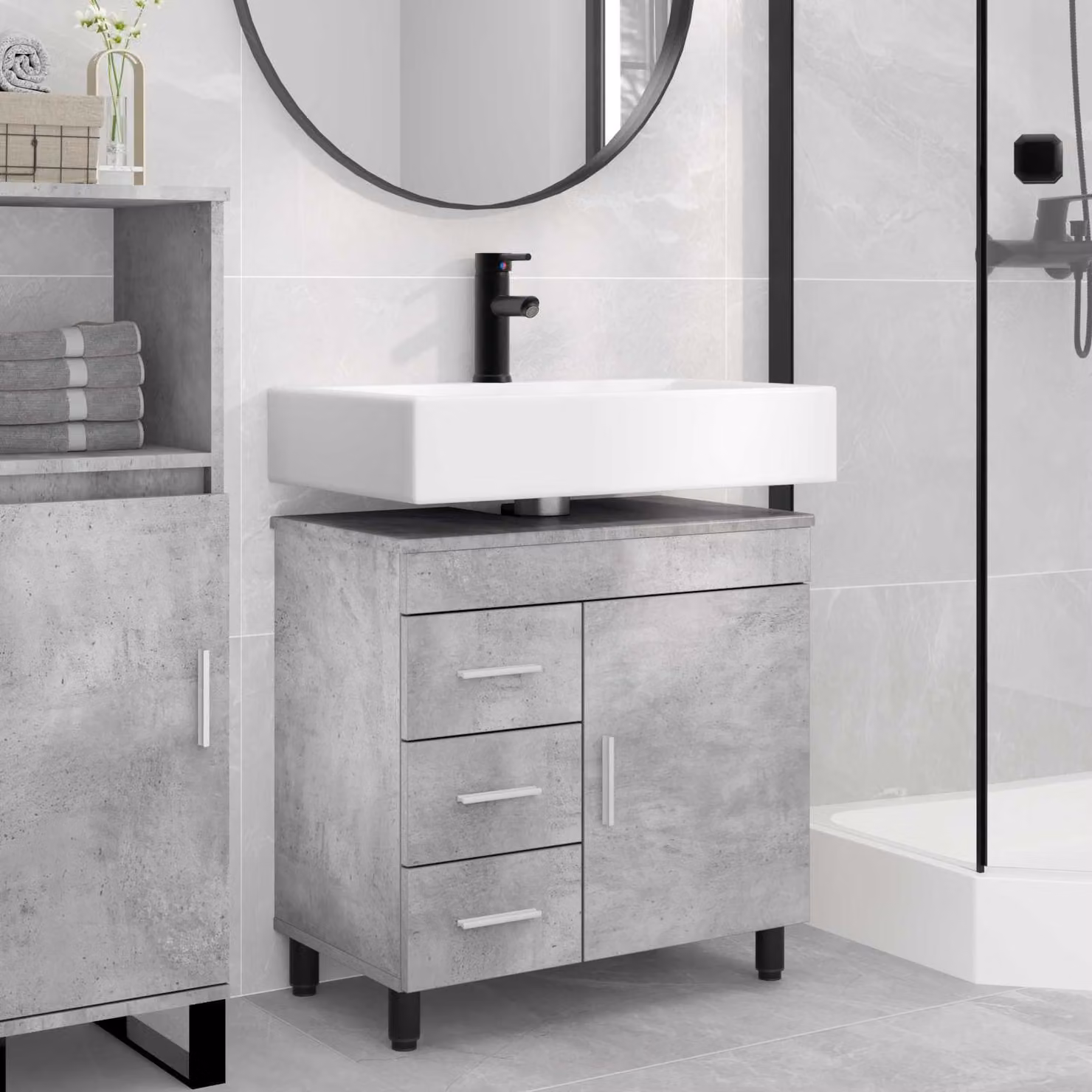 vidaXL Mobiletto da bagno moderno in MDF e metallo grigio con ante a battente e ripiani interni L: 60 cm, P: 35 cm, H: 60 cm