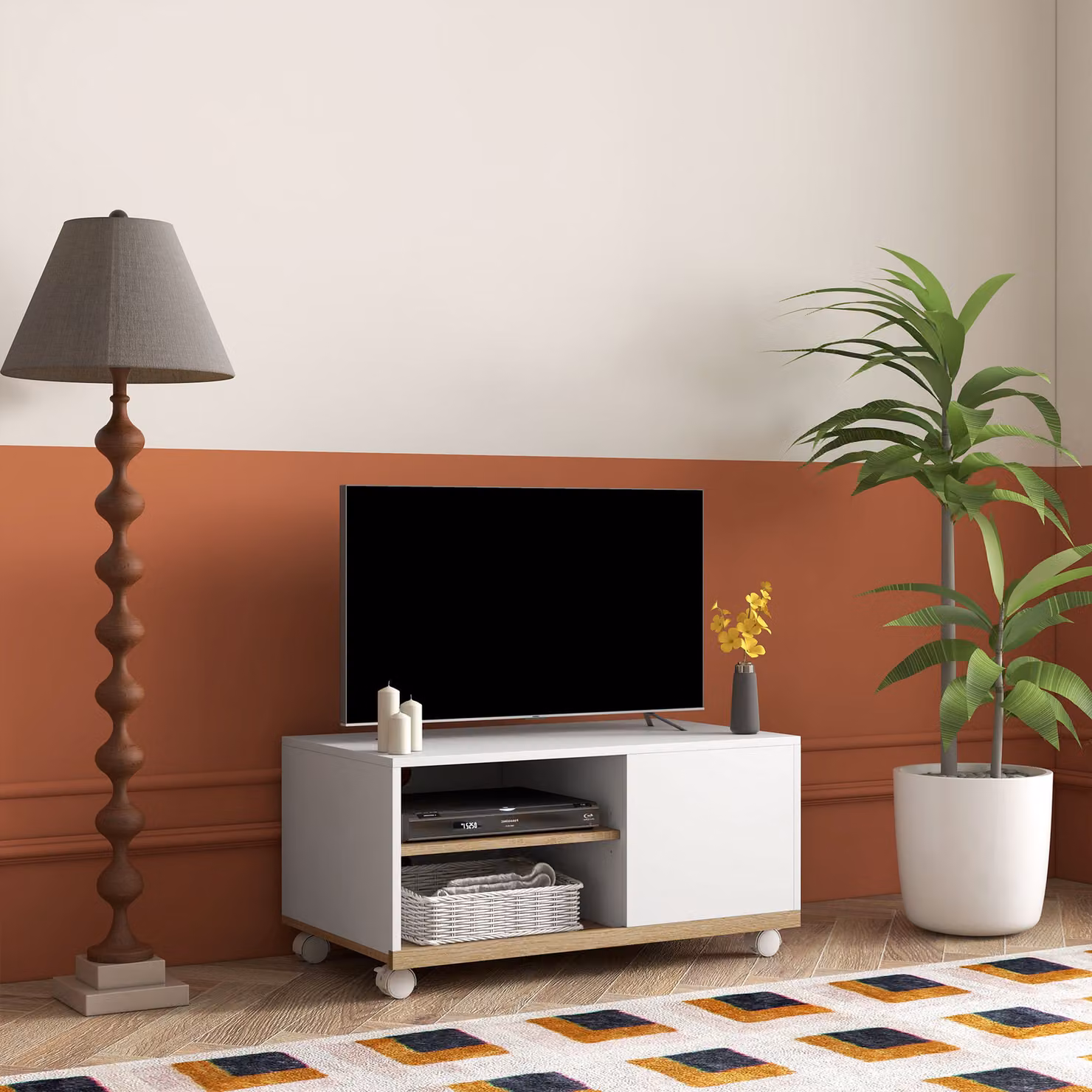 Mobile TV HOMCOM per schermi fino a 42 pollici con 2 ripiani aperti, anta e ruote, in legno bianco, L: 80 cm, P: 45 cm, H: 39.5 cm – 2