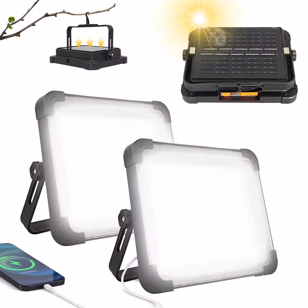 Lampada da lavoro solare - Faretto LED portatile con supporto - 300 W - 5 modalità di illuminazione - IP65 - Ricaricabile - Confezione da 2