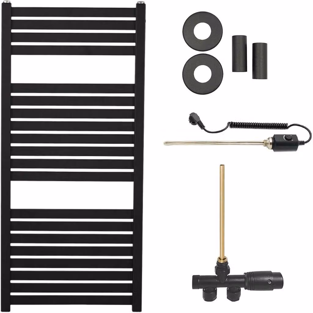 Set radiatore per bagno Vincenzo - riscaldamento combinato, barra termica - collegamento laterale a un punto - 300W - nero opaco - 970x450 mm